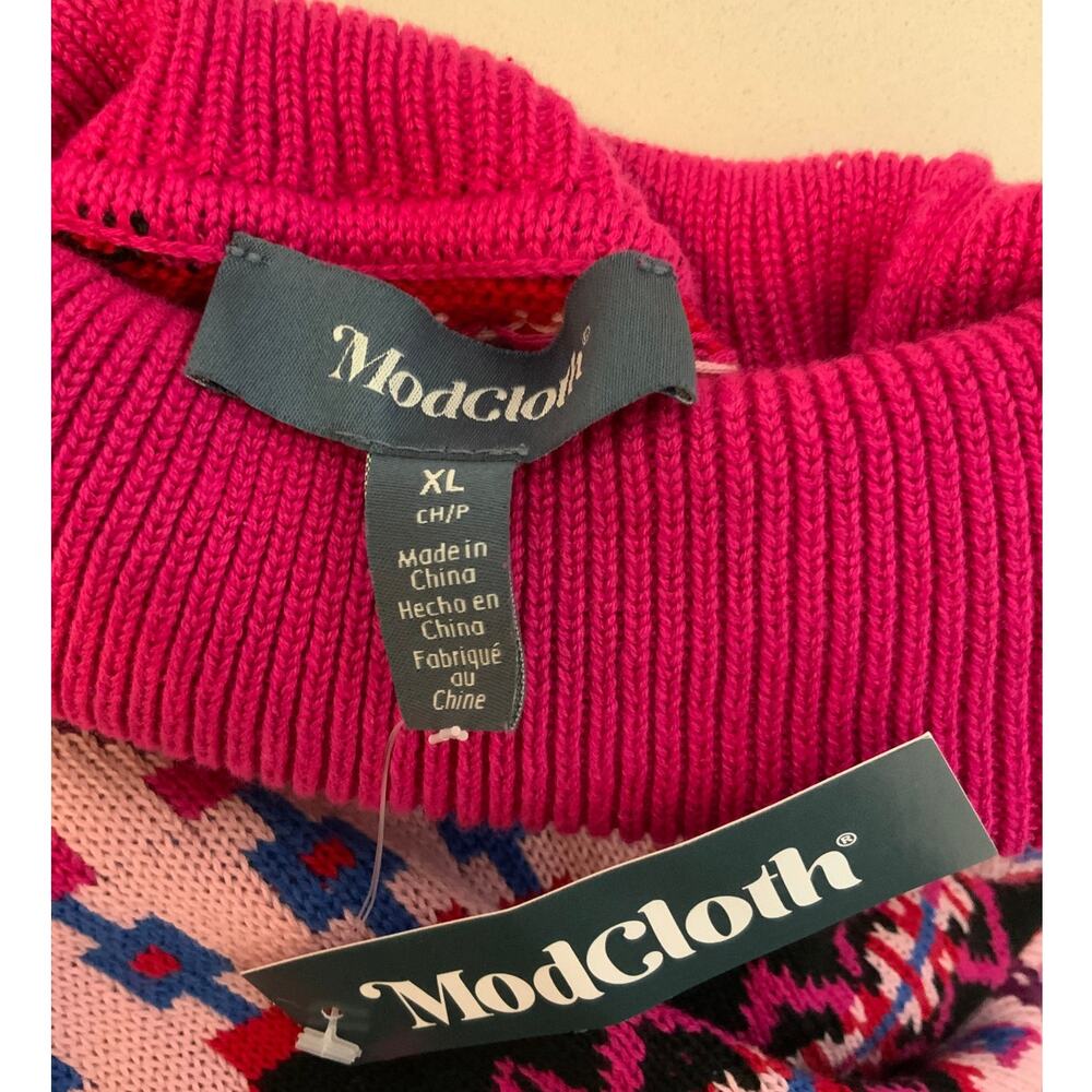 ModCloth NWT Pink Black Fair Isle Turtleneck Sweater Women's XL Cozy Knit - Picture 3 of 3